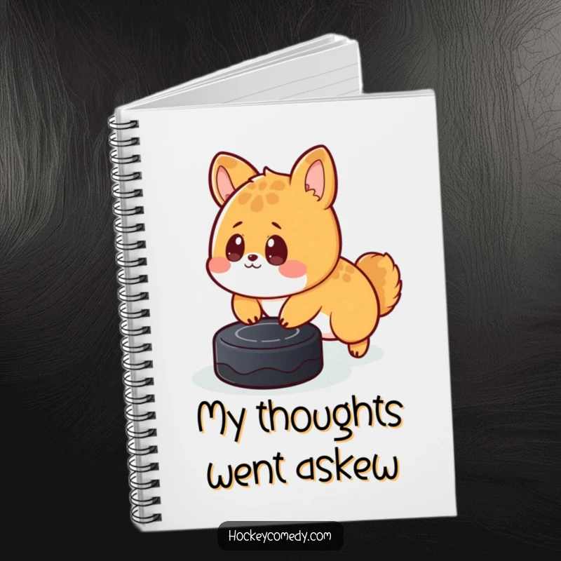 Funny notebook with a cute, surprised animal tripping over a hockey puck, designed for jotting down notes and ideas.