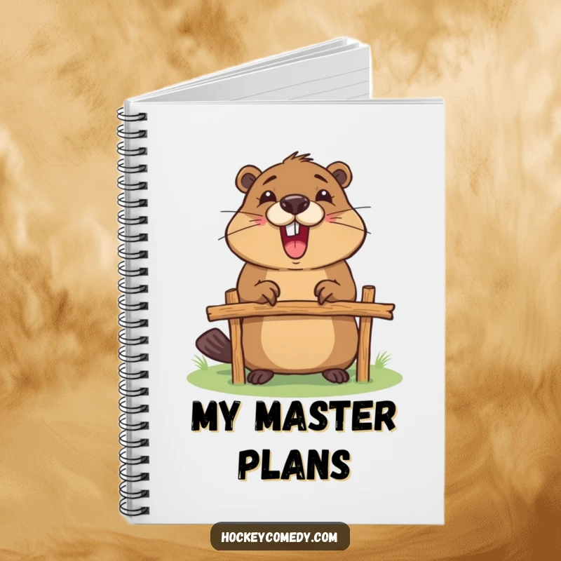 Funny notebook featuring an excited beaver building a small goalpost, ideal for jotting down plans and ideas.