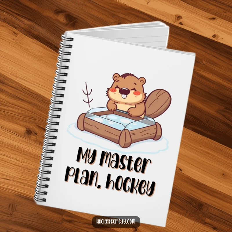 Funny beaver notebook, a happy beaver building a small hockey rink from logs, perfect for journaling, humorous stationery gift.