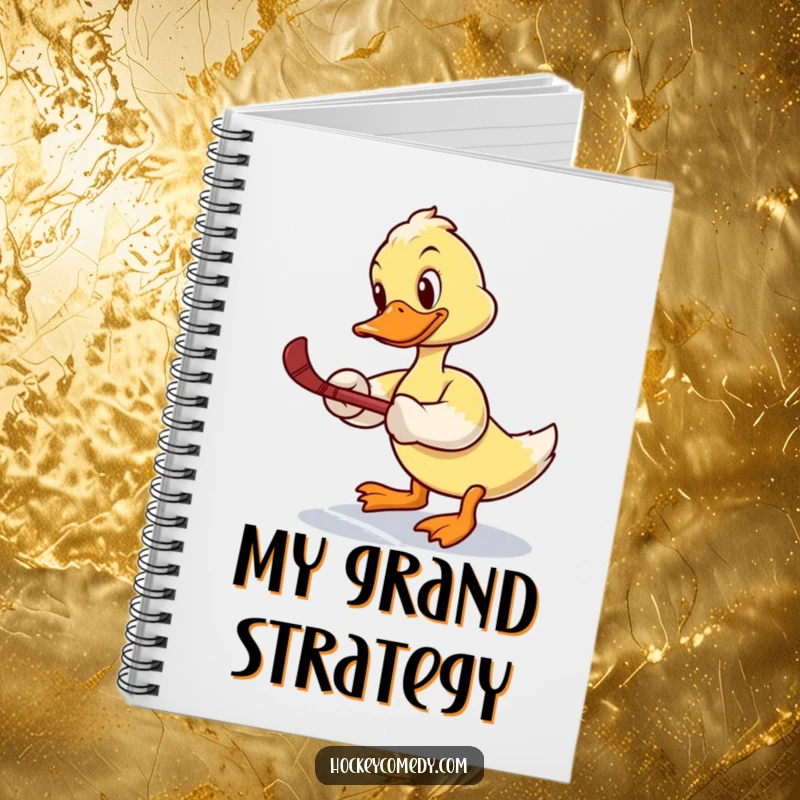 Funny notebook: A determined duck attempts a slap shot, wobbling comically on the ice, ready to capture notes.