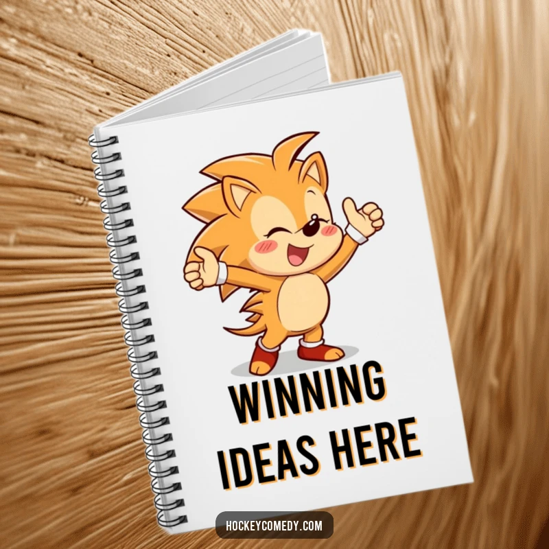 Funny notebook with a cheerful hedgehog character doing a victory dance, inspiring creativity and note-taking.
