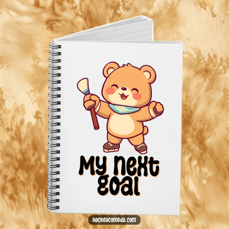 Funny notebook with a joyful bear character in a hockey pose, ready to capture notes and ideas with athletic flair.