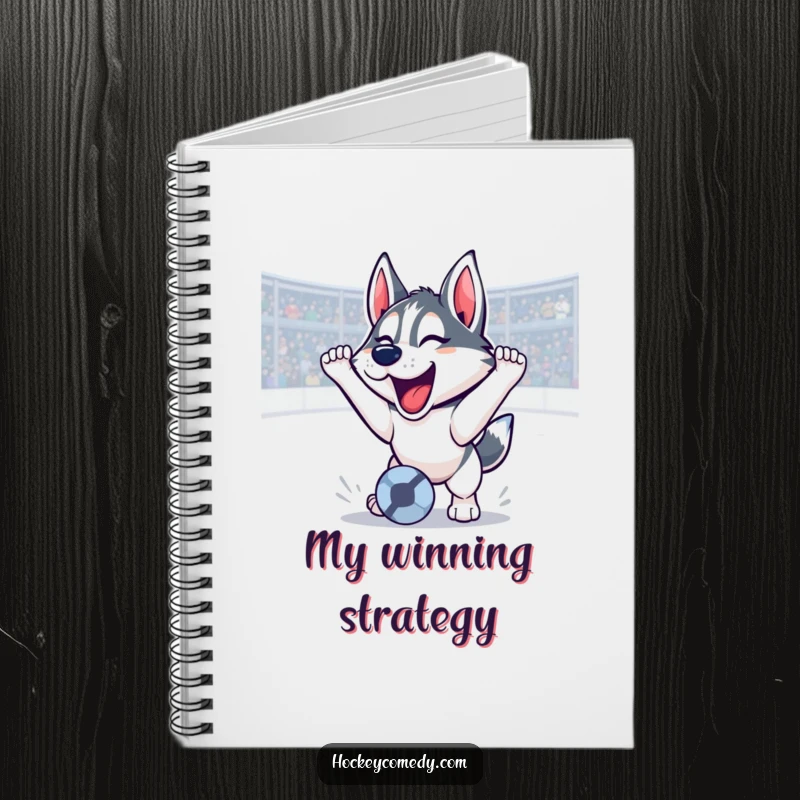 Funny husky notebook with a soccer goal and a triumphant roar, perfect for writing, a humorous and motivational funny gift.