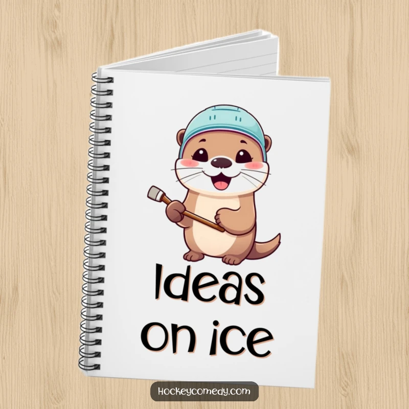 Funny notebook featuring a cute otter in a hockey helmet, stick in paw, smiling, ready to record hockey game notes.
