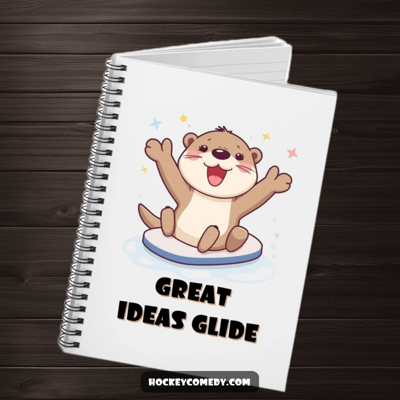 Funny happy otter character sliding on ice, lined notebook.