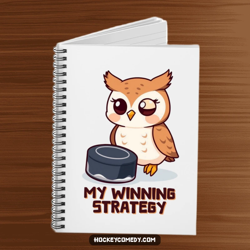 Funny owl attempting to catch a hockey puck on the cover of a notebook, designed for sports notes.