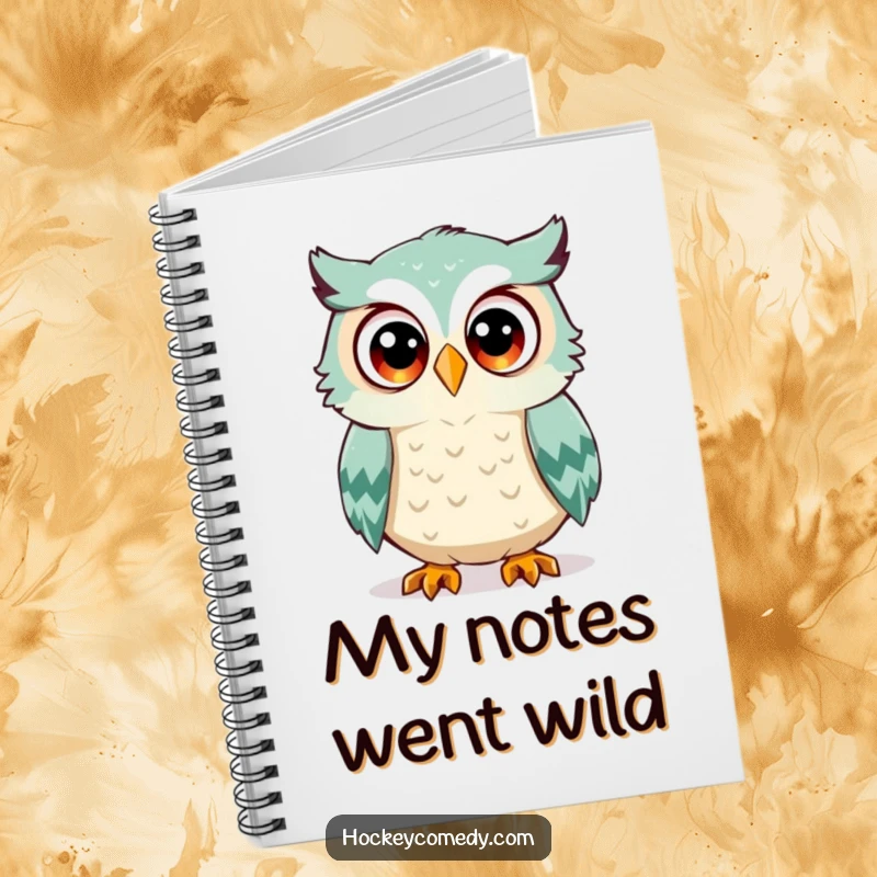 Funny owl notebook, a surprised owl with wide eyes, about to be hit by a hockey puck, perfect for journaling, humorous stationery gift.