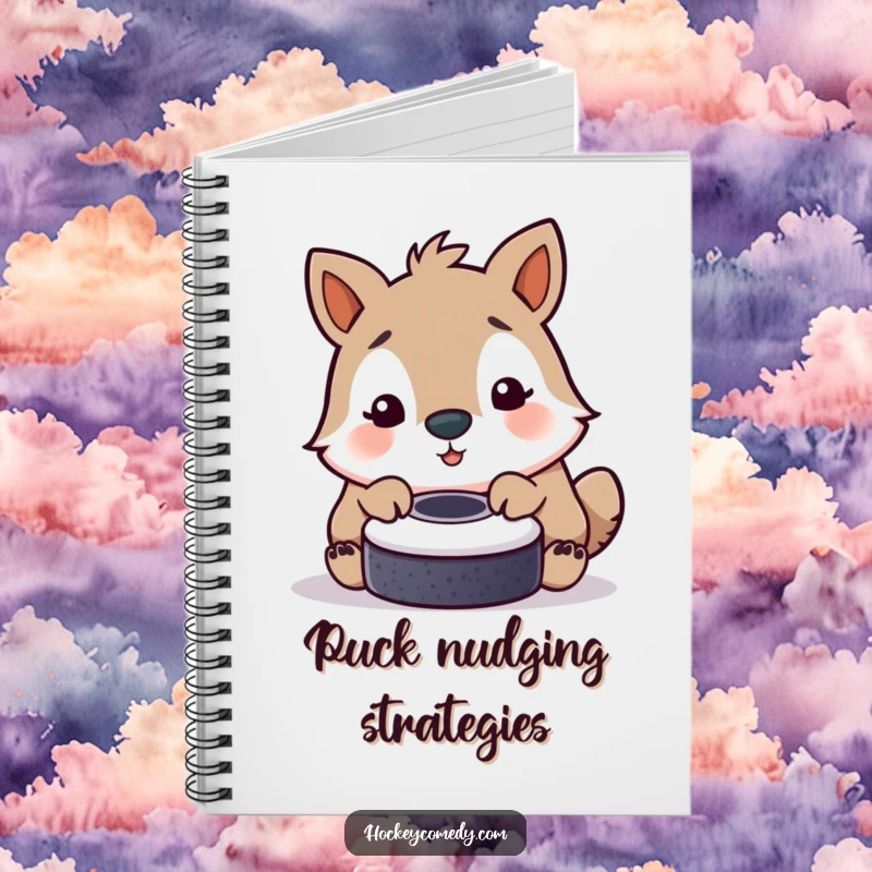 Funny notebook cover illustrating an animal's gentle nose nudge on a hockey puck, perfect for capturing thoughts playfully.