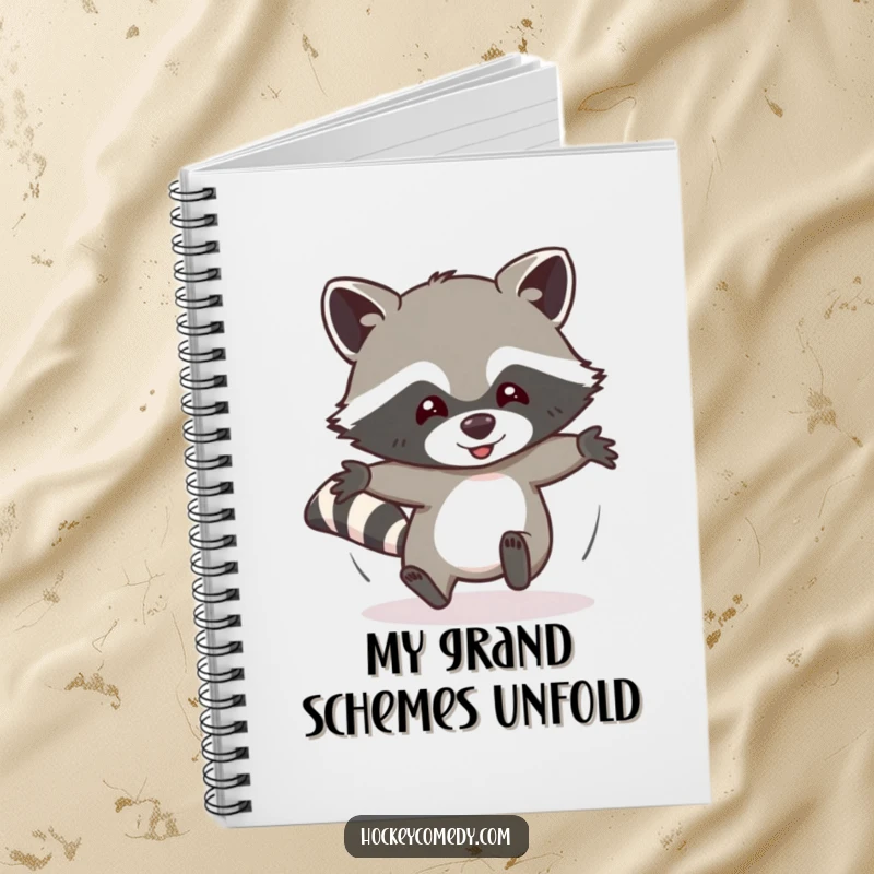 Funny notebook cover featuring a determined raccoon comically sliding headfirst, symbolizing playful energy and spontaneous creativity for note-taking.