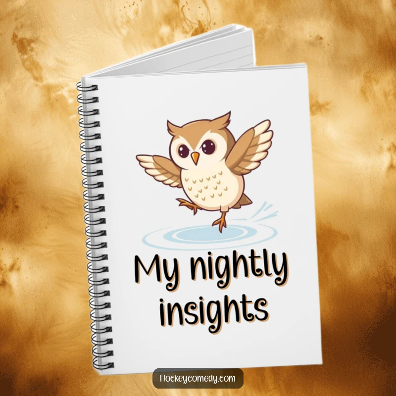 Funny notebook featuring a determined owl attempting a tricky ice skating spin, ideal for jotting down plans and ambitions.