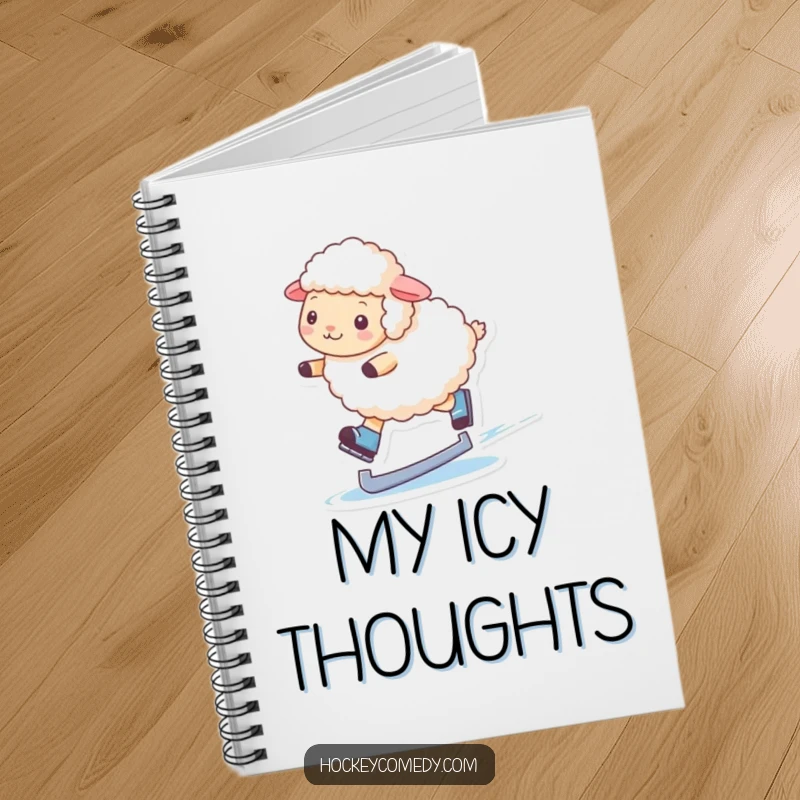 Funny notebook featuring a fluffy sheep performing a graceful ice skating move, ideal for journaling and creative writing.