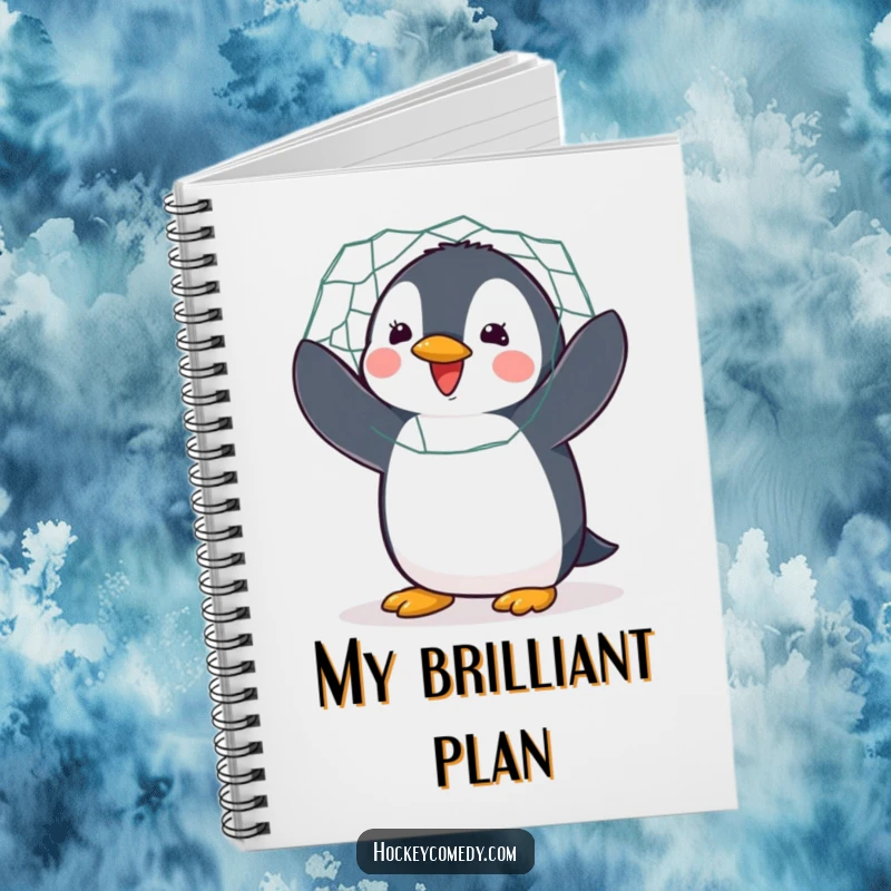 Funny notebook featuring a delighted penguin enthusiastically flapping while guarding a hockey net, ready for notes.