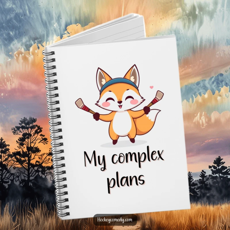 Funny notebook featuring a mischievous fox juggling hockey sticks, inspiring thoughts about strategy and cleverness.