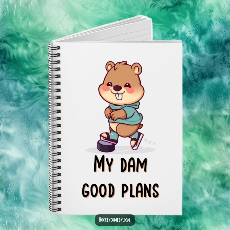 Funny Notebook cover with a cheerful beaver skating backwards with a hockey puck, designed to inspire creativity and amusement.