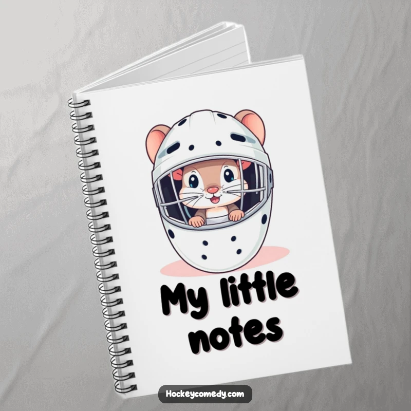 Funny mouse peeking from a goalie mask, on the cover of a curious and humorous hockey notebook.
