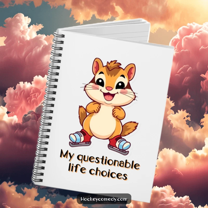Funny chipmunk notebook, a cheerful chipmunk in oversized skates, wobbling gleefully, perfect for journaling and notes, humorous stationery gift.