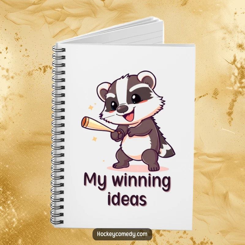 Funny badger in mid-slap shot, on the cover of a cheerful and humorous hockey notebook.
