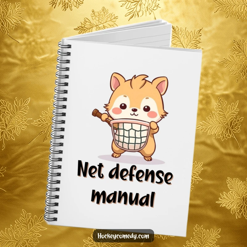 Funny notebook cover with a brave animal playing goalie, determinedly guarding a small net, ready for your notes.