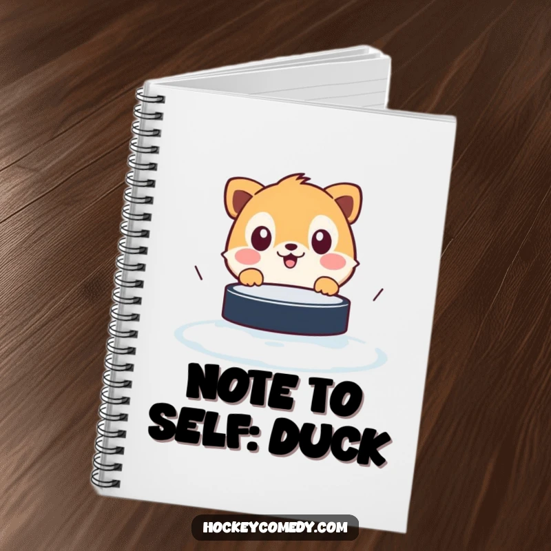 Funny notebook cover with a comically surprised animal eyes-wide open at a fast-moving hockey puck, ready for notes.