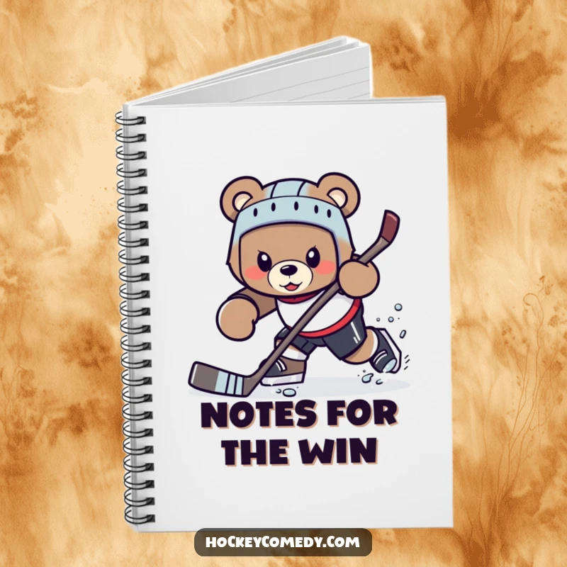 Funny determined bear character practicing a hockey move, lined notebook.