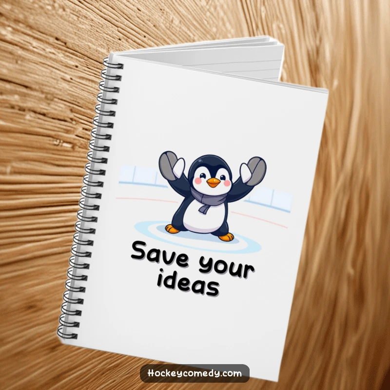 Funny penguin goalie notebook with a cover design of a dramatic, exaggerated hockey save, perfect for notes and sketches.