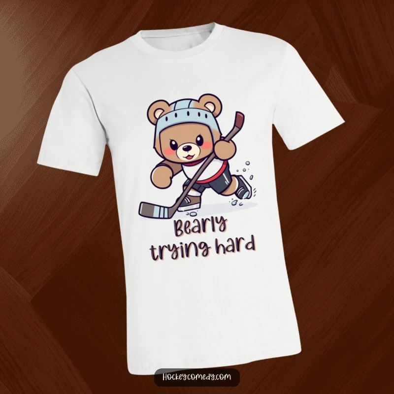 Funny determined bear character performing a complex hockey trick, T-shirt.