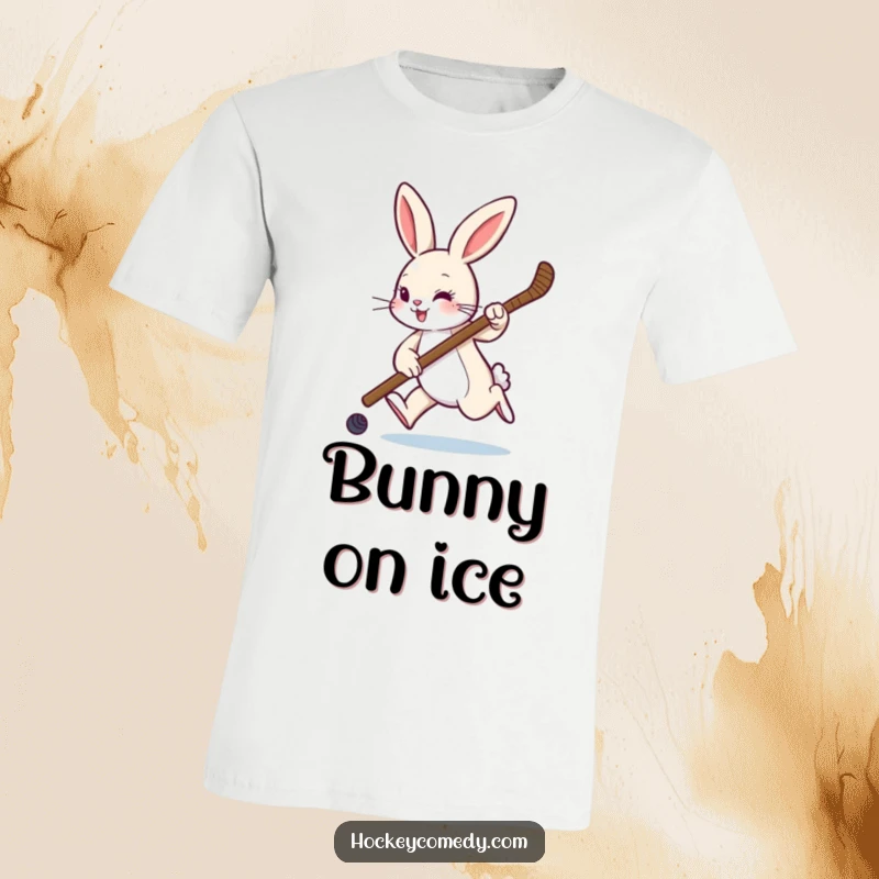 Funny t-shirt displaying a lively rabbit hopping confidently with a hockey stick, ready for action on the ice.