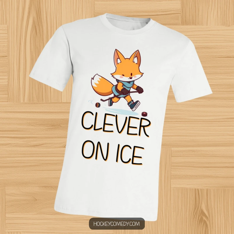 Funny t-shirt featuring a determined fox skillfully skating with a puck, leaving a trail of excited zigzags.