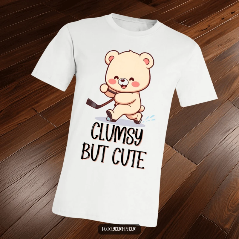 Funny t-shirt featuring a smiling bear attempting a clumsy hockey deke, stick trailing behind in a funny way.