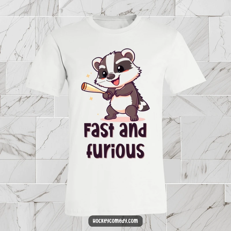 A cheerful badger executing a powerful slap shot, captured on this dynamic and funny hockey t-shirt.