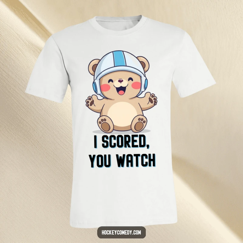 Funny Bear Goal T-Shirt showing a jubilant bear wearing a tiny helmet and celebrating a goal with paws raised high.