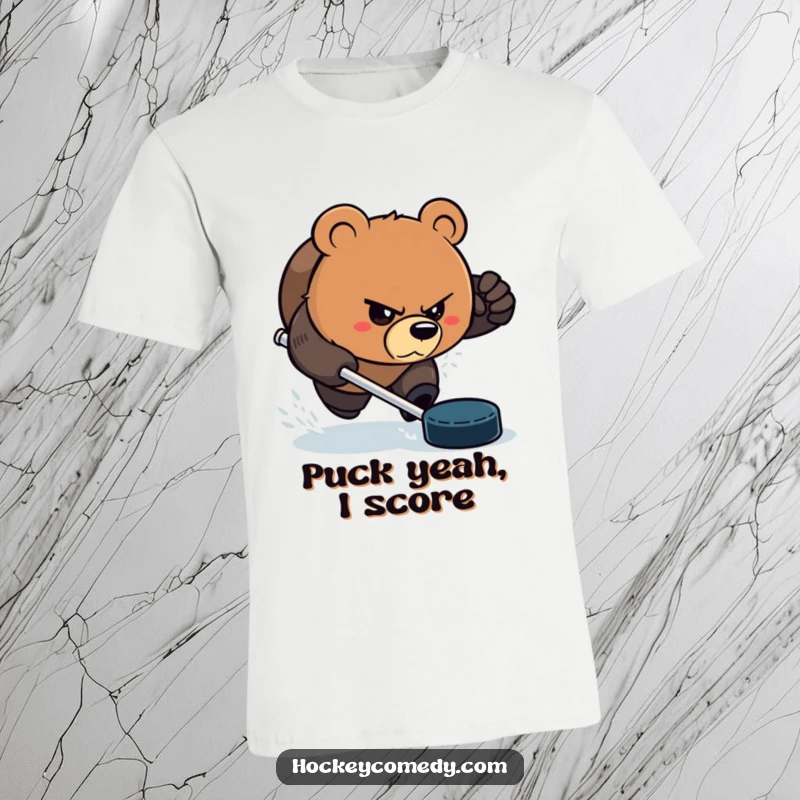 Funny Bear T-Shirt: An aggressive bear with a determined, funny glare, fiercely pursuing a hockey puck. Great funny gift.