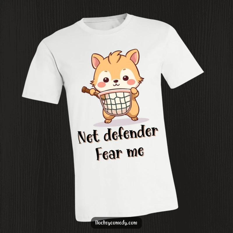 Funny t-shirt illustrating a brave animal playing goalie, determinedly defending a small net against all odds.