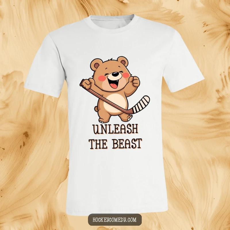 Funny T-shirt depicts a happy, roaring bear enthusiastically swinging a hockey stick, embodying pure, unadulterated joy.