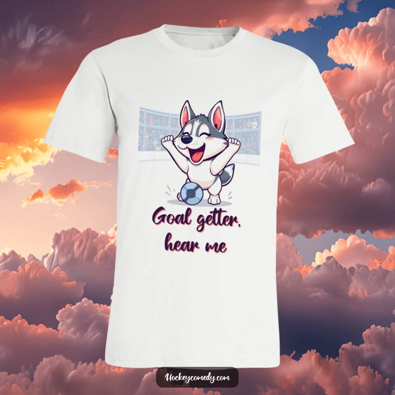 Funny husky t-shirt scoring a soccer goal with a triumphant roar, celebrating victory, perfect for game day, a great funny gift.