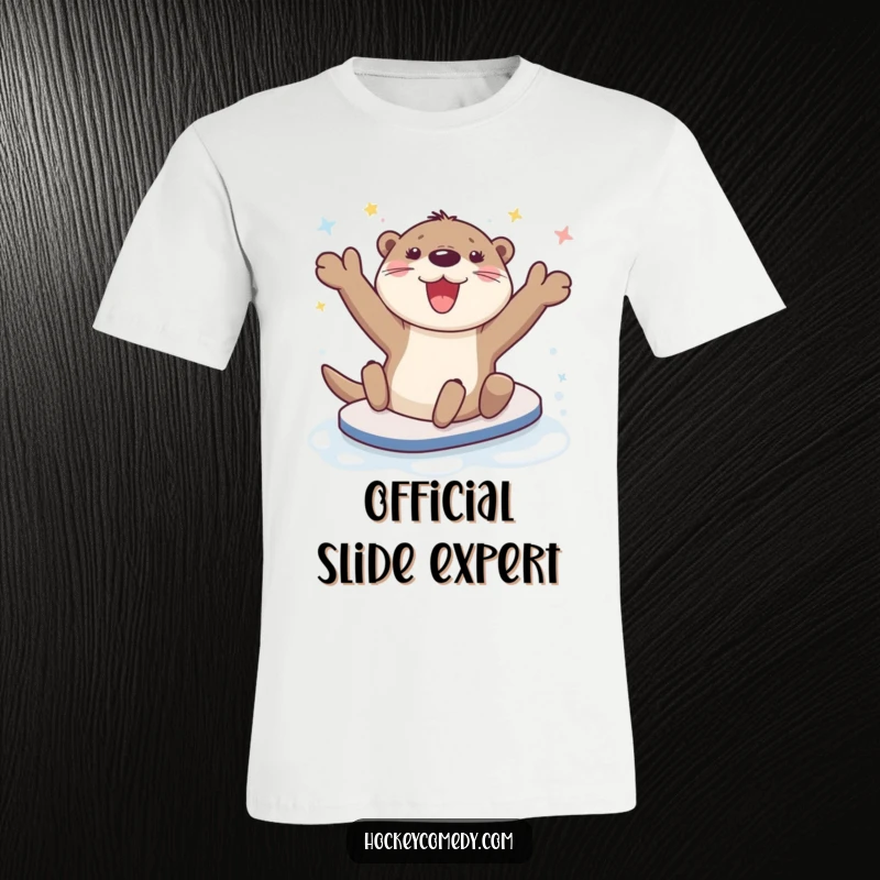 Funny happy otter character joyfully sliding across ice, T-shirt.