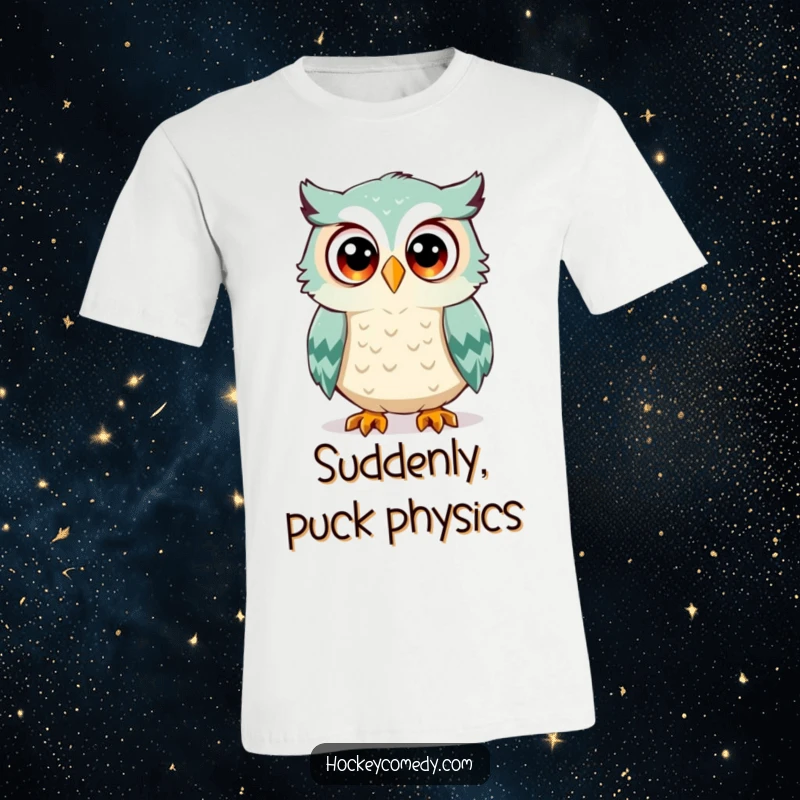 Funny owl t-shirt, a surprised owl with wide eyes, about to be hit by a hockey puck, capturing a moment of shock, ideal gift.