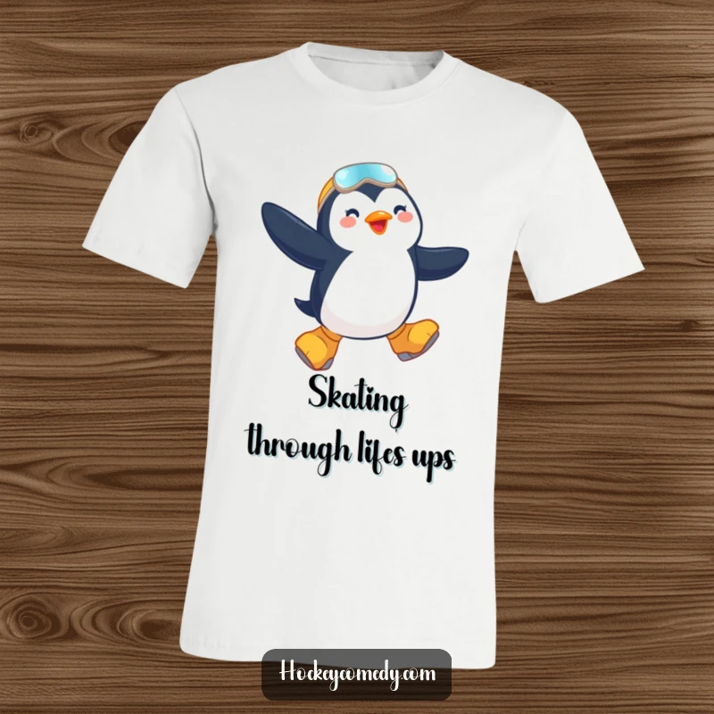 Funny t-shirt showcasing a happy penguin performing an impressive mid-air jump on comically oversized skates, full of joy.