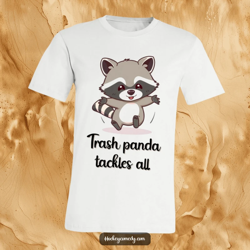 Funny t-shirt showcasing a determined raccoon mid-slide, comically launching itself into an imaginary opponent with hilarious abandon and energy.