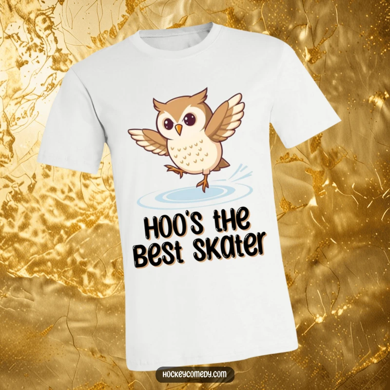 Funny t-shirt with a determined owl executing a tricky spin move on ice skates, capturing focused effort and humor.