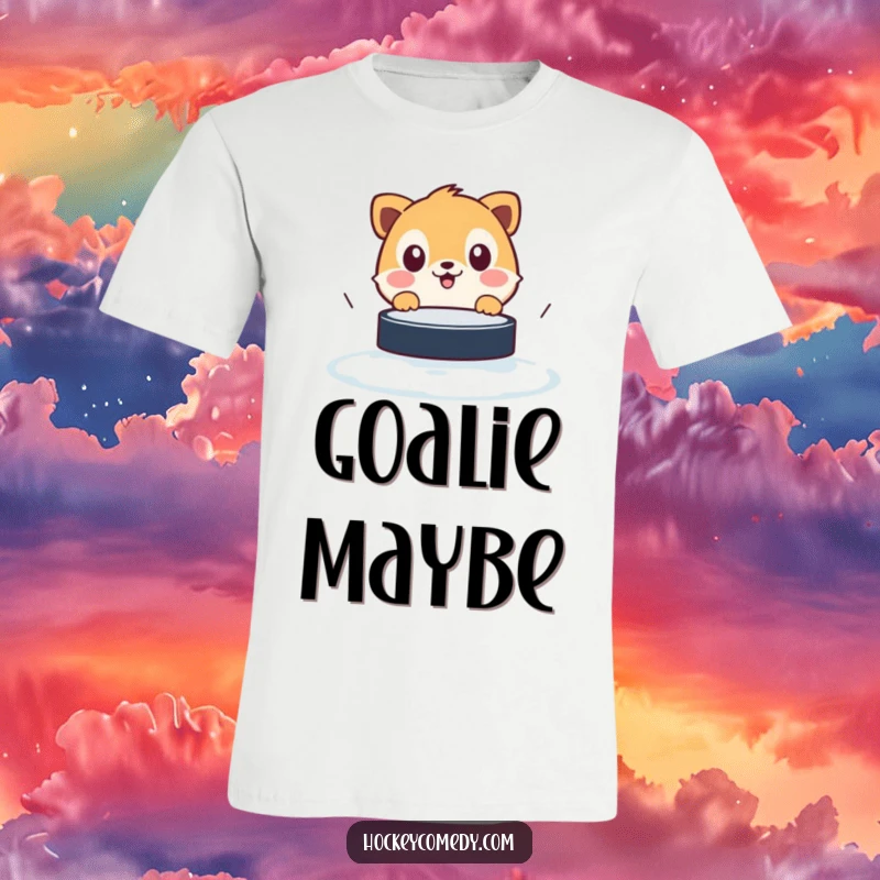 Funny t-shirt with a startled animal yelping at a rapidly approaching hockey puck, capturing pure, comical shock.