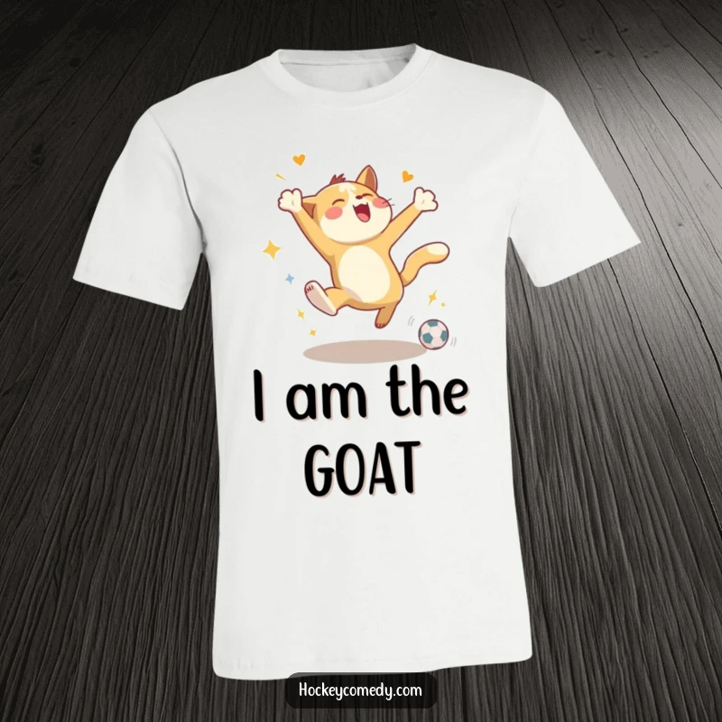 Funny t-shirt featuring an energetic animal performing joyous leaps while celebrating a goal, radiating excitement.