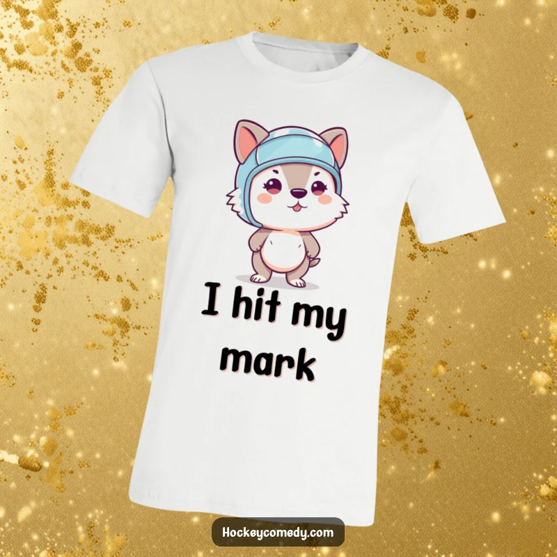 Funny t-shirt depicting a determined animal in a tiny helmet, mid-slapshot, showcasing athletic prowess and humor.