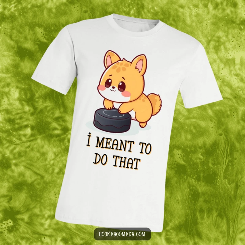 Funny t-shirt showcasing a cute, surprised animal tripping over an ice hockey puck, highlighting unexpected clumsiness.