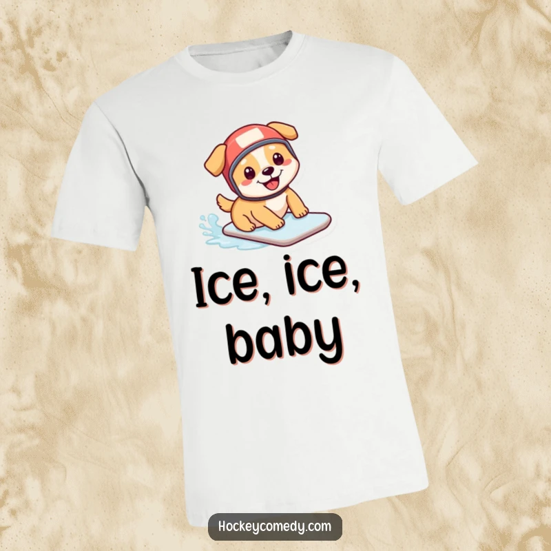 Funny t-shirt: A happy dog in a miniature hockey helmet enjoys a playful slide on the ice, radiating pure joy and humor.