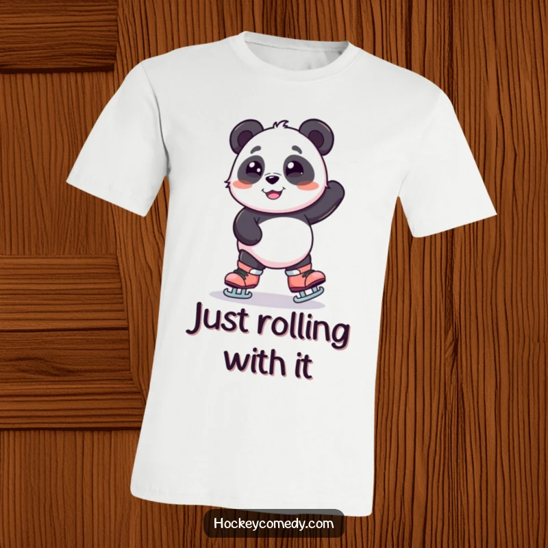 Funny t-shirt showcasing a smiling panda on oversized skates, comically wobbling and balancing with a determined yet humorous look.