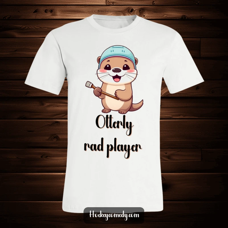 Funny t-shirt featuring a smiling otter in a tiny hockey helmet, holding a stick, looking excited for hockey.
