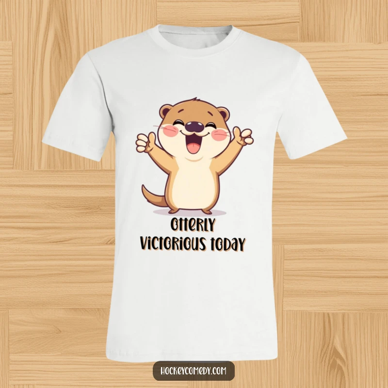 Funny t-shirt depicting a gleeful otter striking an exaggerated victory pose after scoring a goal, full of triumphant and comical energy.