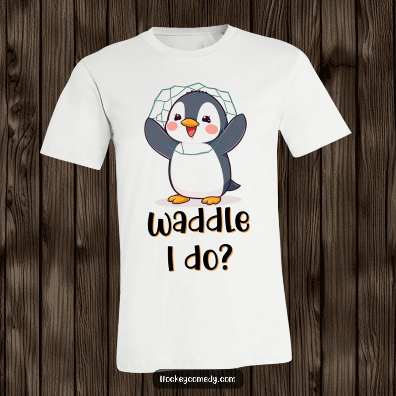 Funny t-shirt depicting a delighted penguin flapping wings enthusiastically while defending a hockey net.