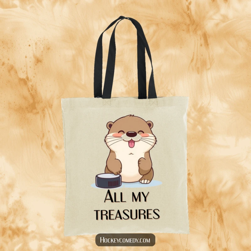 Funny cheerful otter trying to catch a hockey puck with its nose on a humorous sports tote bag.